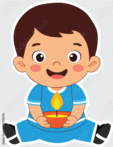 Cheerful Indian Boy Character Holding Illuminated Diwali Diya Element in Sticker Style.