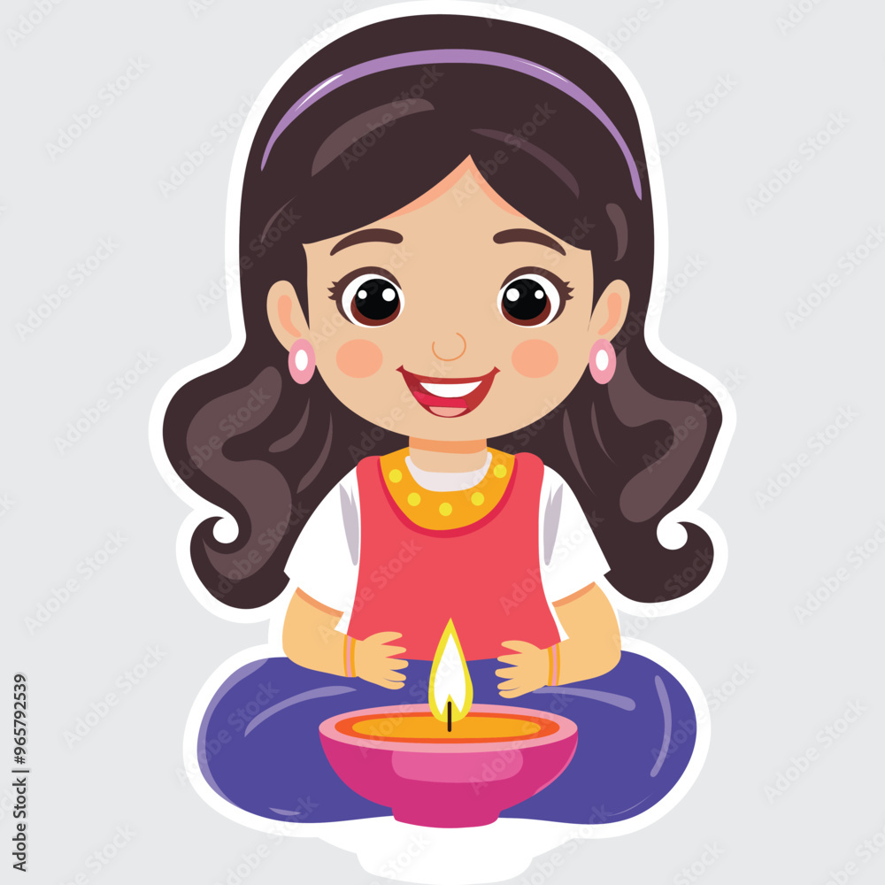 Sticker Style Indian Girl Character with Illuminated Oil Lamp (Diwali Diya) on Grey Background. Sticker Style Indian Girl Character with Illuminated Oil Lamp (Diwali Diya) on Grey Background.