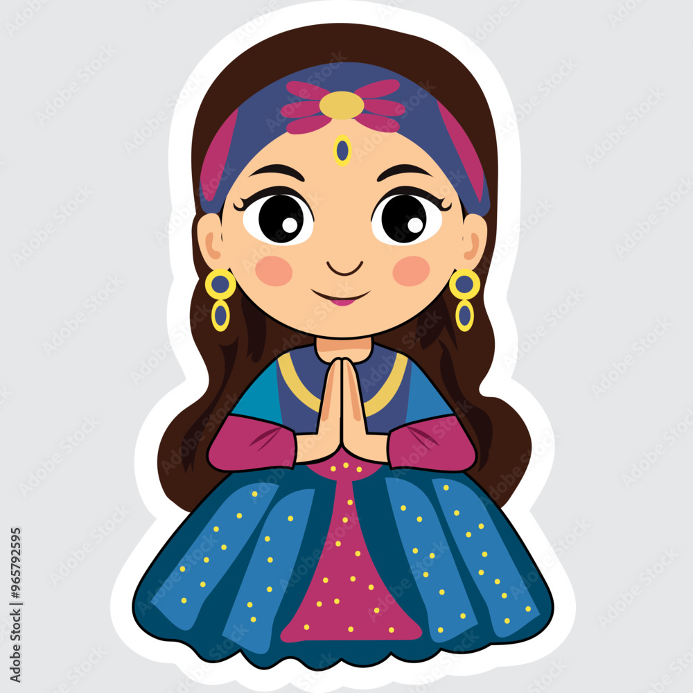Sticker Style Indian Girl Doing Namaste or Greets to Diwali Festival on Grey Background. Sticker Style Indian Girl Doing Namaste or Greets to Diwali Festival on Grey Background.