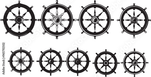 Nautical Ship Wheel Collection: Vintage Steering Wheels Vector Art, Maritime Navigation, Boat Rudder Clipart, Black and White Graphic Designs Set