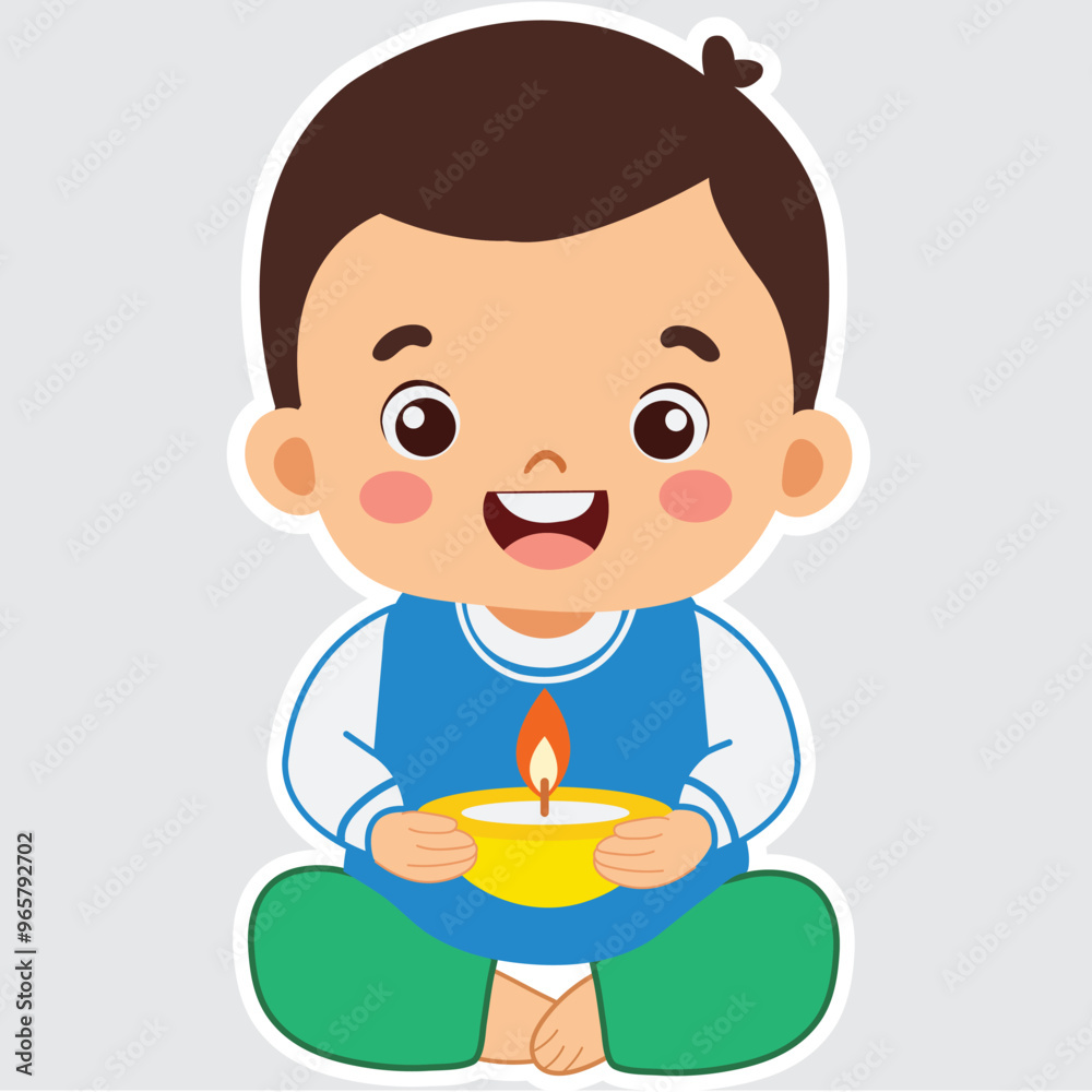 Cheerful Indian Boy Character Holding Illuminated Diwali Diya in Sticker Style on Grey Background. Cheerful Indian Boy Character Holding Illuminated Diwali Diya in Sticker Style on Grey Background.