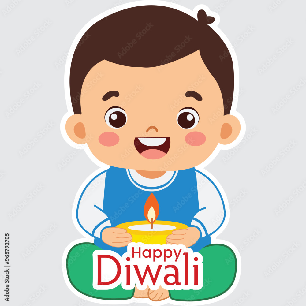 Sticker Style Happy Diwali Text with Cute Indian Girl Character Holding Illuminated Oil Lamp (Diya) on Grey Background. Sticker Style Happy Diwali Text with Cute Indian Girl Character Holding Illuminated Oil Lamp (Diya) on Grey Background.