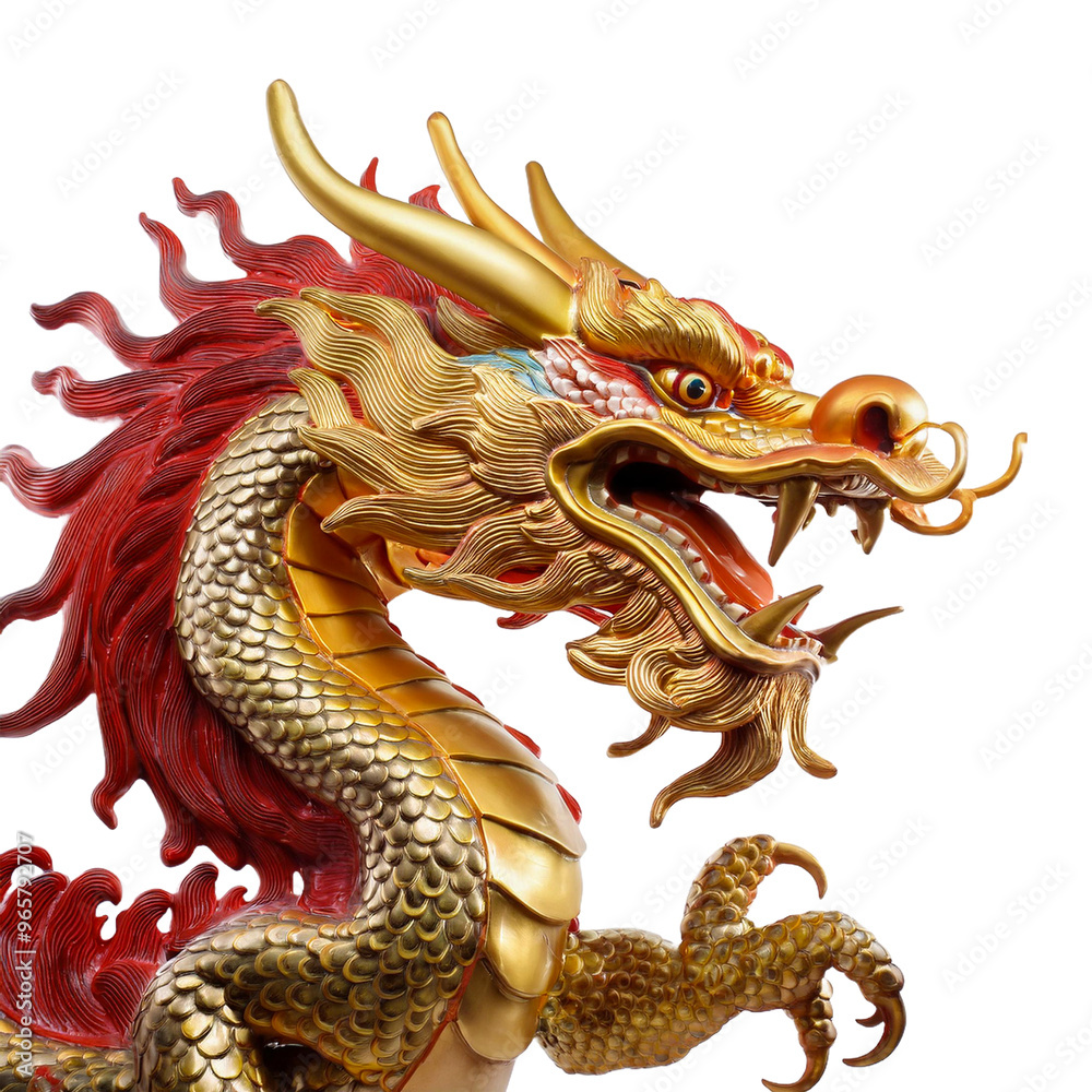 Fototapeta premium a chinese dragon with a red face and gold horns.