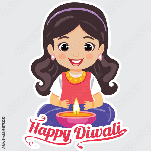 Sticker Style Happy Diwali Text with Indian Girl Character Sitting in Front of Illuminated Oil Lamp (Diya) on Grey Background.