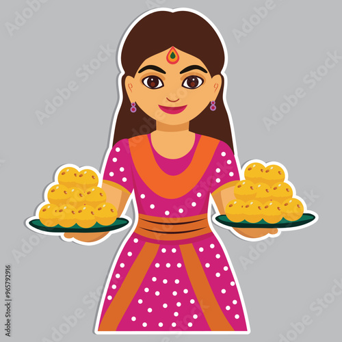 Sticker Style Young Indian Girl Character Holding Plates of Sweet Balls (Laddu) on Grey Background.