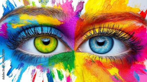 Two eyes with colorful eyelashes and a colorful background. The eyes are large and have a bright, vibrant look to them. The background is a mix of different colors, creating a sense of energy