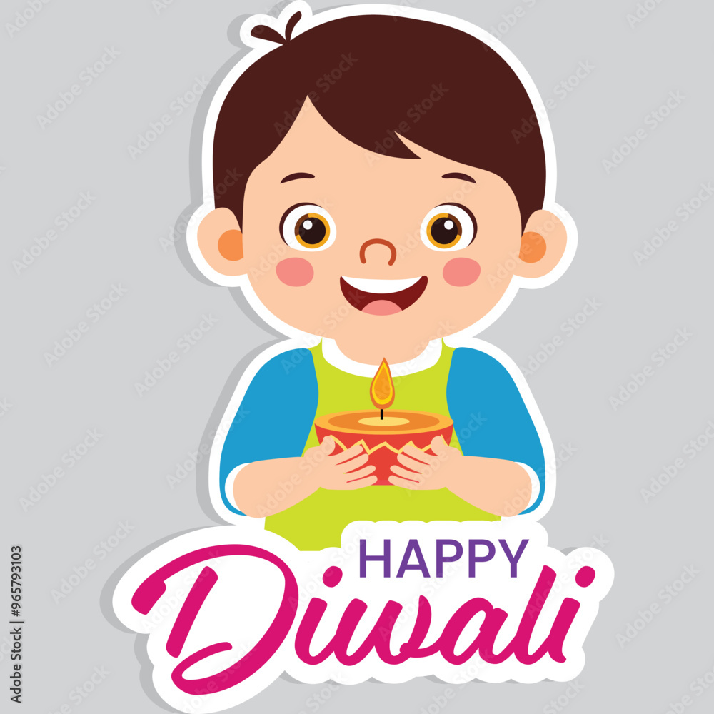 Sticker Style Happy Diwali Text with Cute Indian Boy Character Holding Illuminated Oil Lamp (Diya) on Grey Background. Sticker Style Happy Diwali Text with Cute Indian Boy Character Holding Illuminated Oil Lamp (Diya) on Grey Background.