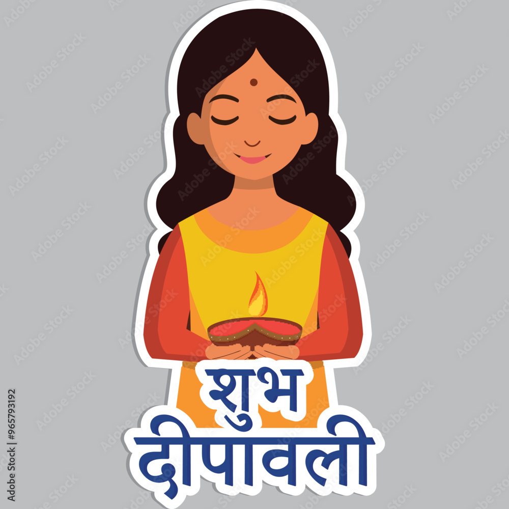 Sticker Style Hindi Text of Happy Diwali and Indian Girl Character Holding Illuminated Oil Lamp (Diya) on Grey Background. Sticker Style Hindi Text of Happy Diwali and Indian Girl Character Holding Illuminated Oil Lamp (Diya) on Grey Background.