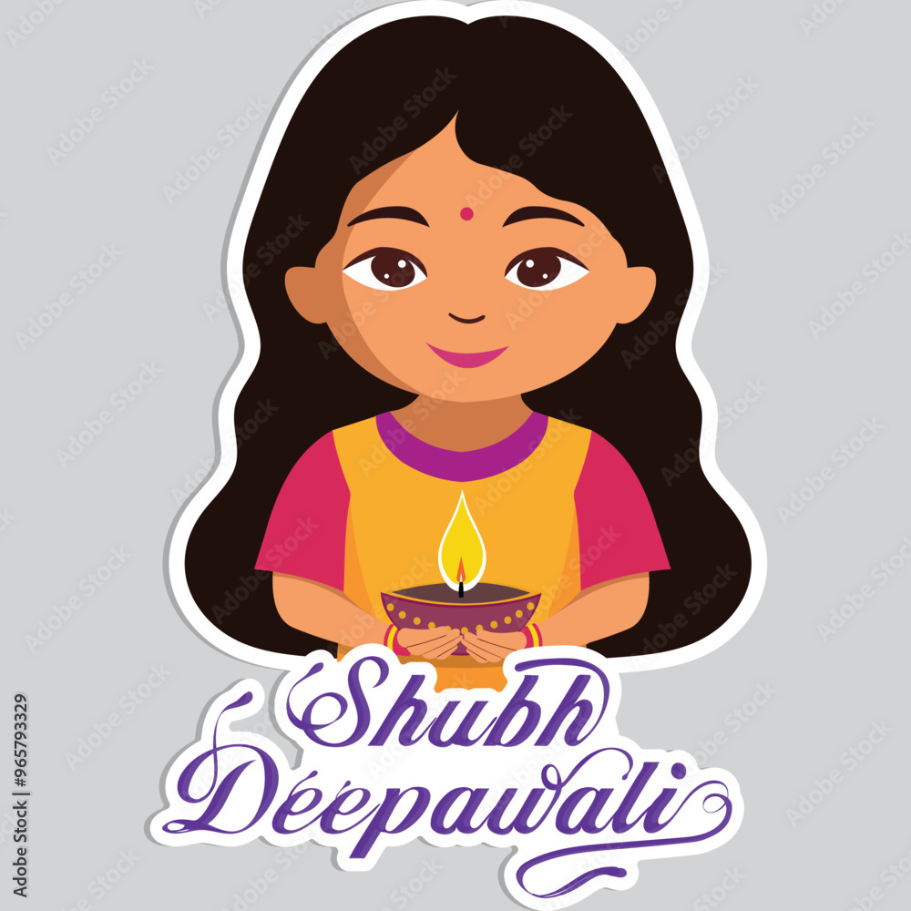 Sticker Style Shubh Deepawali Text with Indian Girl Character Holding Illuminated Oil Lamp (Diya) on Grey Background.