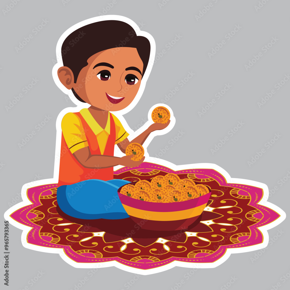 Sticker Style Cute Indian Boy Eating Sweet Balls (Laddu) on Mandala or Rangoli for Happy Diwali Celebration.