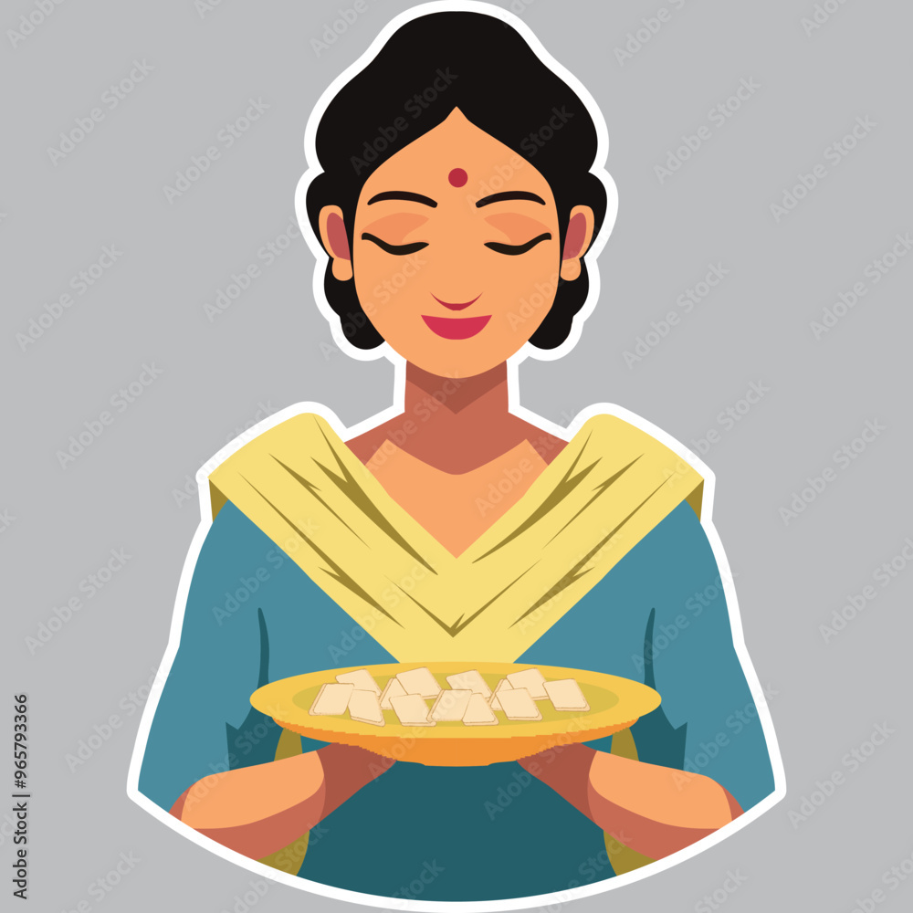 Sticker Style Indian Woman Character Holding Sweet Plate Element for Diwali Festival. Sticker Style Indian Woman Character Holding Sweet Plate Element for Diwali Festival.