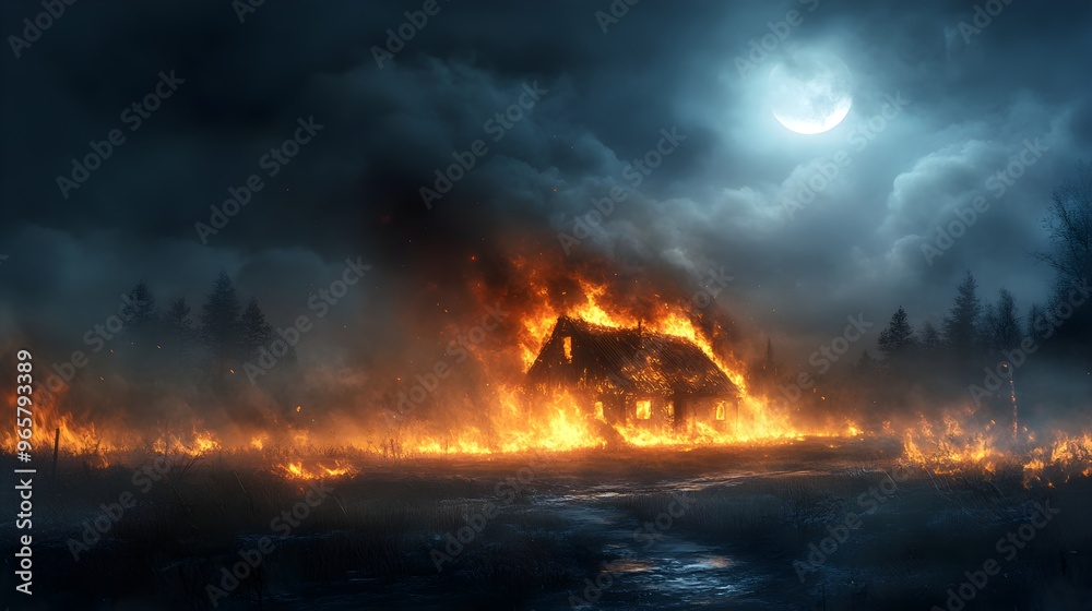 An inferno consuming a home under a smoky night sky, the moon barely visible through the haze, insurance-focused, dramatic lighting, realistic style