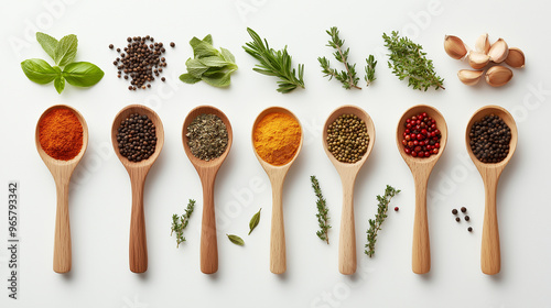 AI generative. Top view, a collection of isolated herbs and spices on spoon on white background