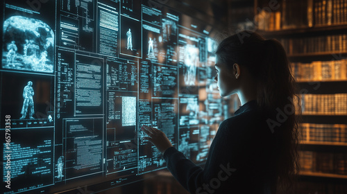 A woman is looking at a computer screen with a lot of information on it