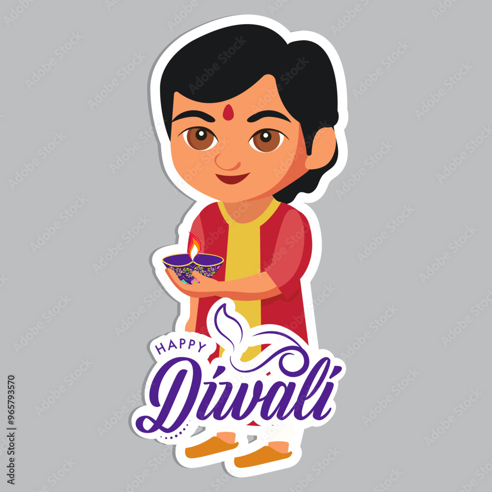 Sticker Style Happy Diwali Text with Indian Boy Character Holding Illuminated Oil Lamp (Diya) on Grey Background. Sticker Style Happy Diwali Text with Indian Boy Character Holding Illuminated Oil Lamp (Diya) on Grey Background.