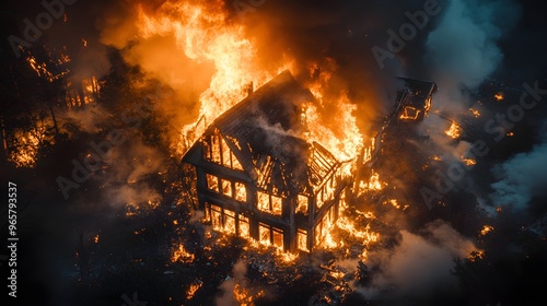 Bird's-eye view of a nighttime house fire, flames consuming the structure, thick smoke visible, detailed textures, insurance assessment angle, high contrast lighting, realism photo