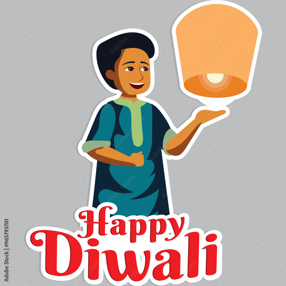 Sticker Style Happy Diwali Text with Young Indian Boy Character Flying Lit Sky Lantern on Grey Background. Sticker Style Happy Diwali Text with Young Indian Boy Character Flying Lit Sky Lantern on Grey Background.