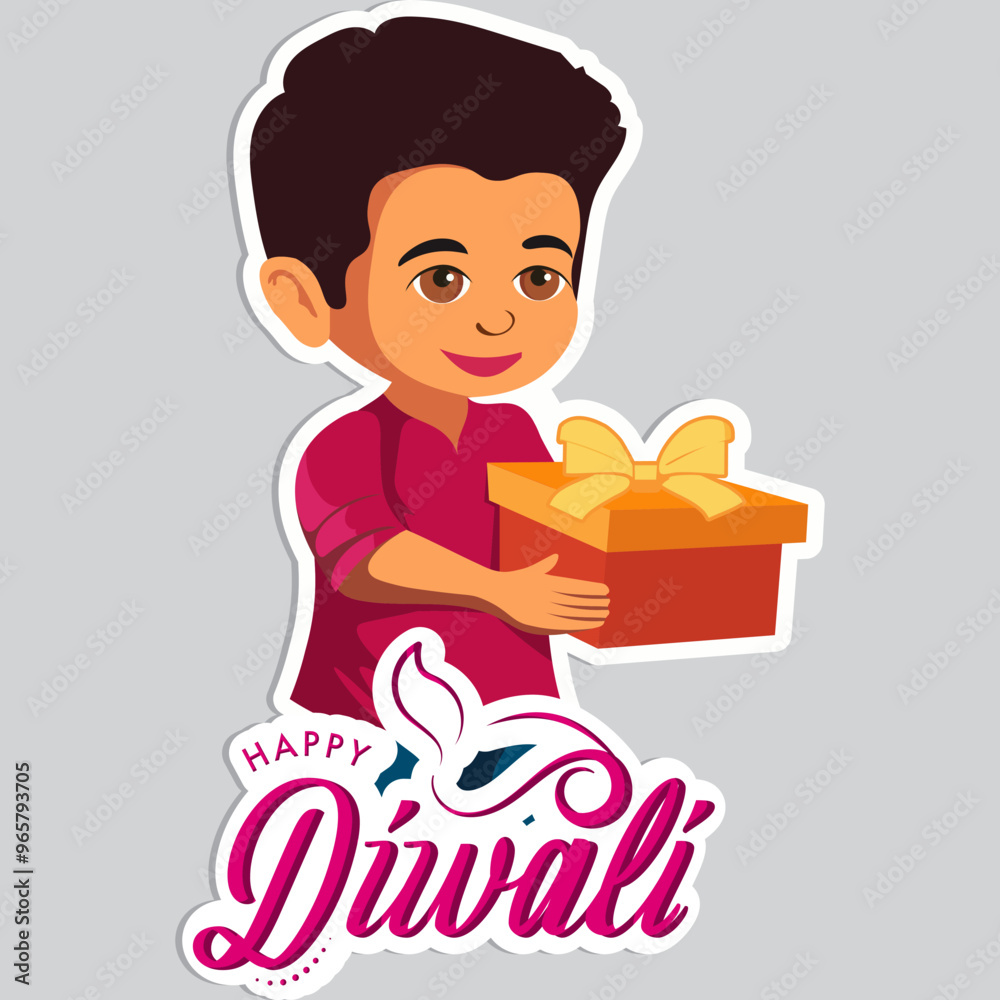 Sticker Style Happy Diwali Text with Indian Boy Character Offering Gift on Grey Background. Sticker Style Happy Diwali Text with Indian Boy Character Offering Gift on Grey Background.