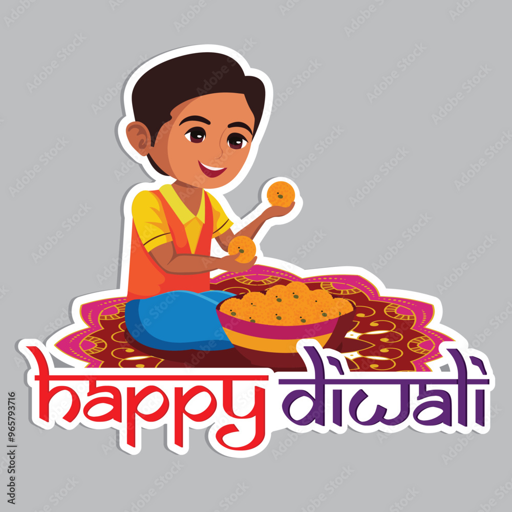 Sticker Style Cute Indian Boy Character Eating Sweet Balls (Laddu) on Mandala or Rangoli for Happy Diwali Celebration. Sticker Style Cute Indian Boy Character Eating Sweet Balls (Laddu) on Mandala or Rangoli for Happy Diwali Celebration.