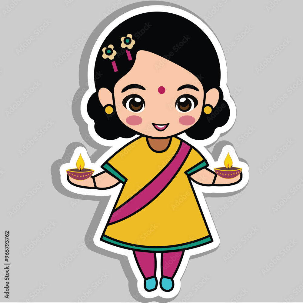 Sticker Style Indian Girl Character Celebrating Diwali with Illuminated Oil Lamps (Diya) on Grey Background.