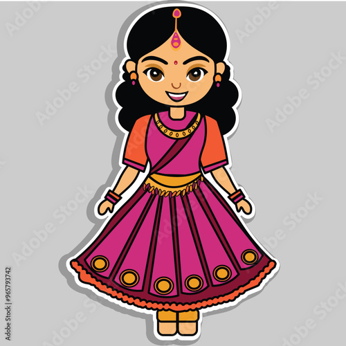 Sticker Style Beautiful Indian Girl Character in Traditional Dress on Grey Background.