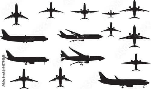 Airplane Silhouette Vector Art: Collection of Commercial Aircraft, Jet Liners, and Aviation Icons for Graphic Design Projects