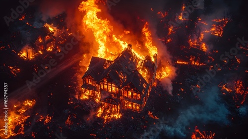 Drone's-eye view of a house engulfed in flames at night, vivid orange and red hues contrasting against the darkness, showcasing the scale of destruction, insurance focus