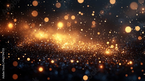 Golden and blue particles sparkling on a dark background, creating a mesmerizing effect in a night atmosphere