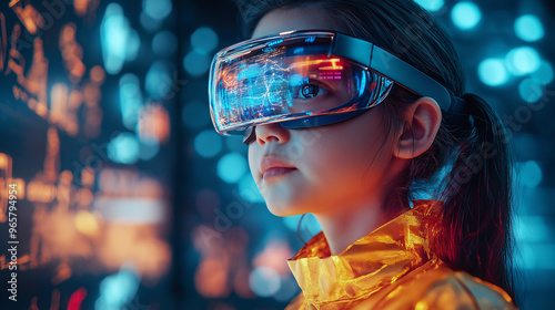 A young girl wearing a yellow outfit and a pair of virtual reality goggles