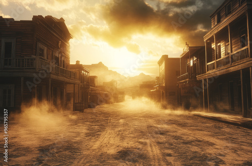 A quiet, empty street in an Old West town captured at sunset, with wooden buildings lining the dusty road under a dramatic sky.
