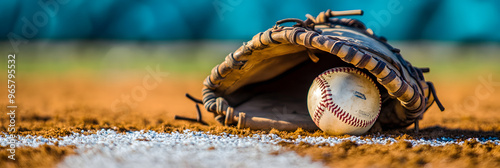 Baseball glove and ball on home plate photo