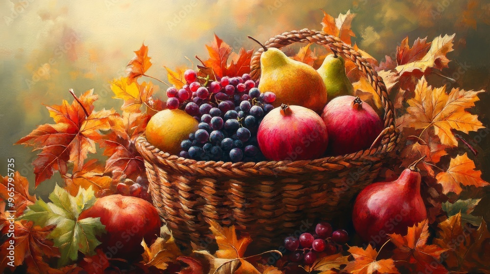 Autumn Harvest Basket: Abundance of Colorful Fruits and Leaves in Warm Sunlight