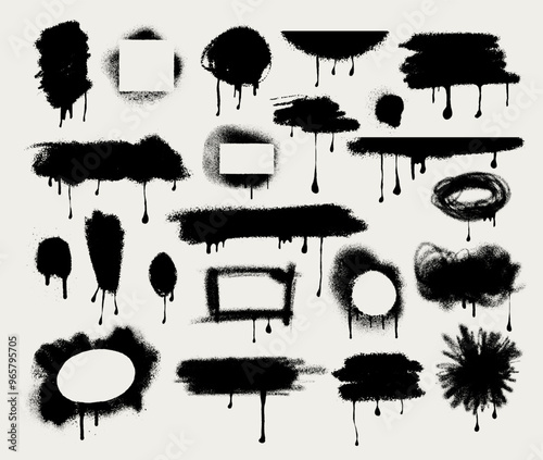 Big set of Black Spray Paint Vector. Brush stroke, template splashes. Design black grunge with frame for text. Dirty artistic vector elements, ink brush strokes, boxes, lines, graffiti frames..eps