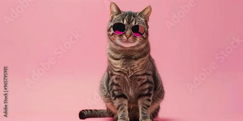 Portrait of tabby kitten wearing heartshaped glasses Pink background 