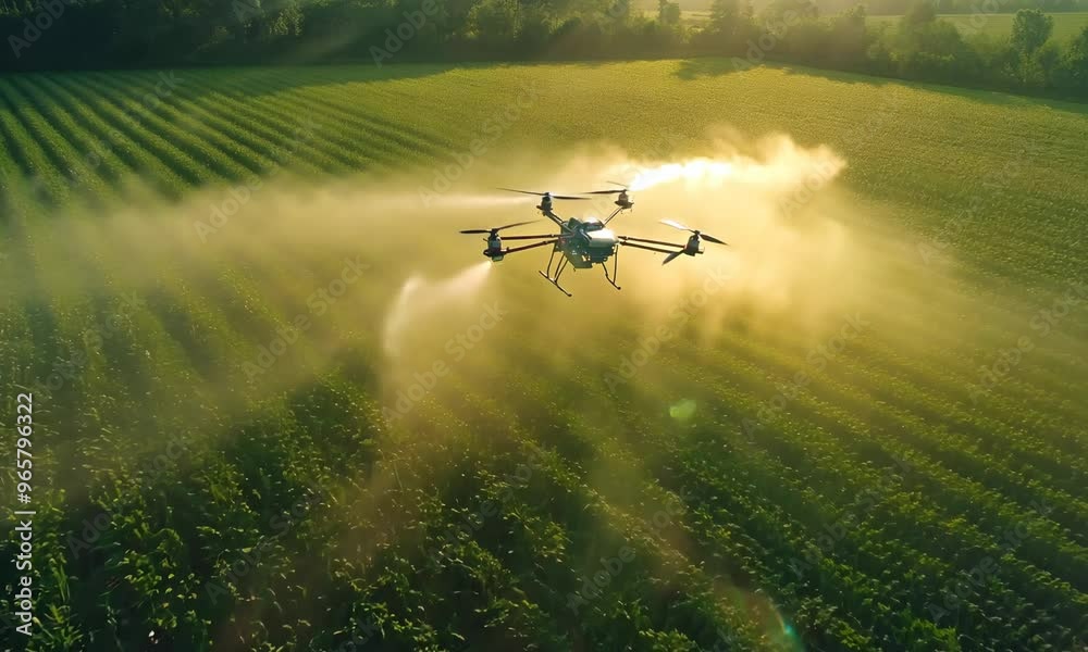 Video of a Agricultural Drone Spraying Crops in a Vast Field at Sunrise Video of a Agricultural Drone Spraying Crops in a Vast Field at Sunrise