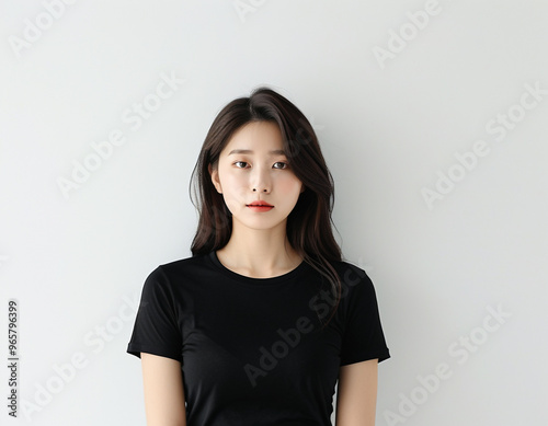 Beautiful Asian woman wearing a black t-shirt on a white background