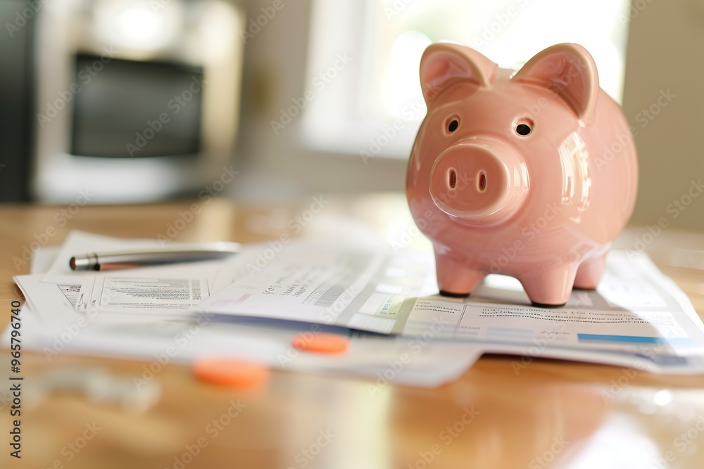 closeup of pink piggy bank and financial documents on wooden table closeup of pink piggy bank and financial documents on wooden table