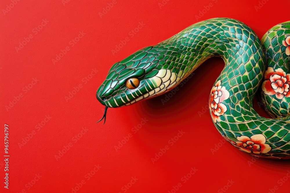 Obraz premium Traditional Chinese Wooden Green Snake Sculpture with Floral Patterns on Red Background