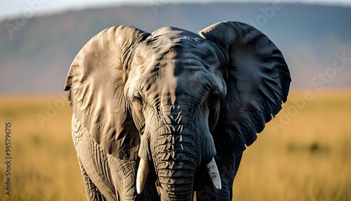 Majestic African elephant gazing directly at the camera in the serene savannah landscape photo