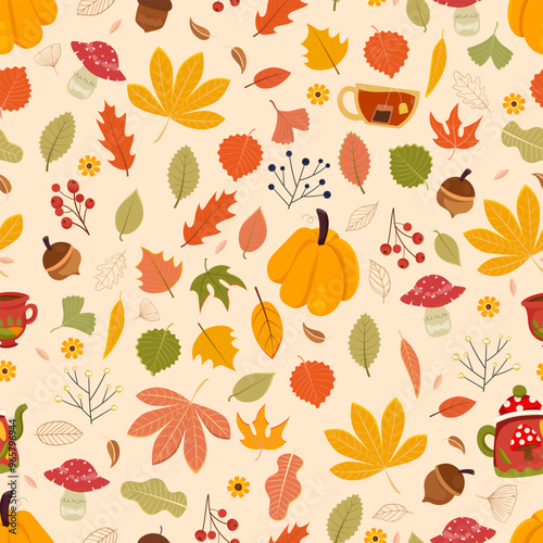 Autumn time, fall, leaves, hot tea, pumpkin, teapot, seamless pattern