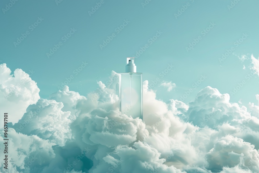 Fototapeta premium Elegant Perfume Bottle in Ethereal Cloudscape with Bright Blue Sky Background