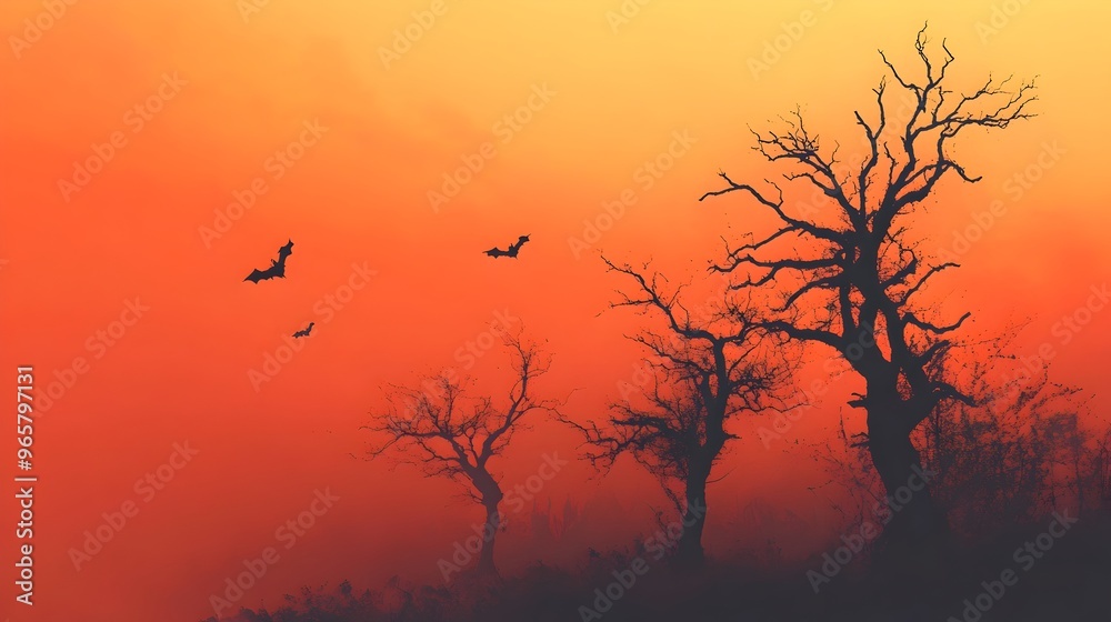 Fototapeta premium Minimalist Halloween Silhouette Tree Gradient Sky Eerie Background