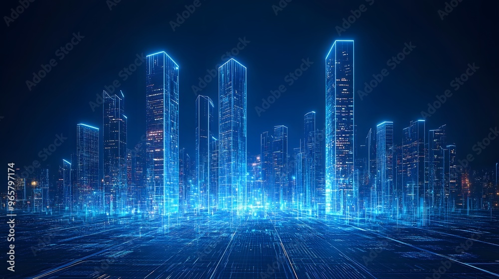 Futuristic digital cityscape, light blue holographic buildings, glowing neon grid, 3D data visualization, technological landscape, abstract network connections, cyber urban concept. Futuristic digital cityscape, light blue holographic buildings, glowing neon grid, 3D data visualization, technological landscape, abstract network connections, cyber urban concept.