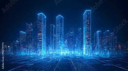 Futuristic digital cityscape, light blue holographic buildings, glowing neon grid, 3D data visualization, technological landscape, abstract network connections, cyber urban concept.