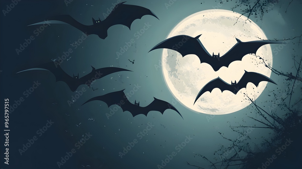 Fototapeta premium Minimalist Bats Flying Against Full Moon in Eerie