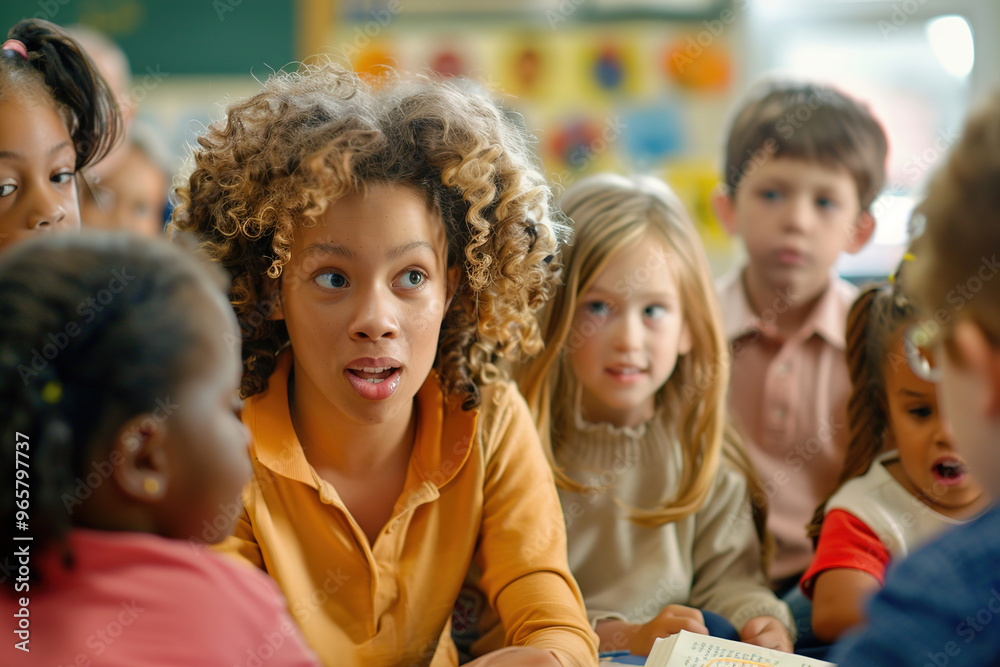 Fototapeta premium Children gathered around teacher at school for storytime, wide eyes, listening intently to first day’s tale