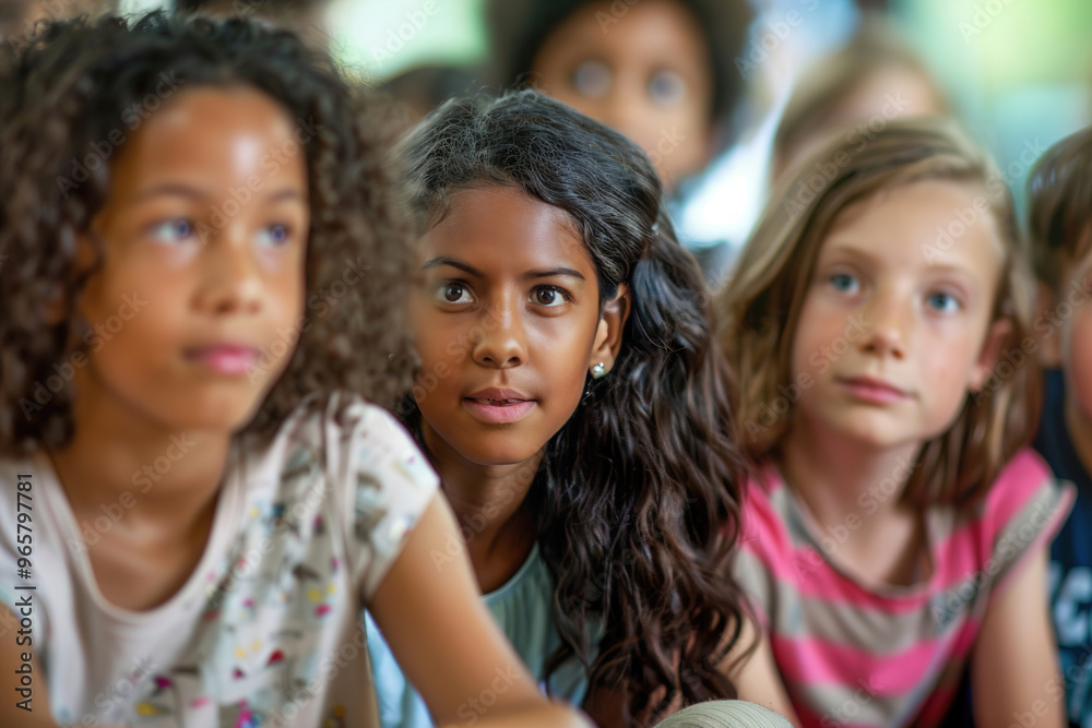 Children gathered around teacher at school for storytime, wide eyes, listening intently to first day’s tale