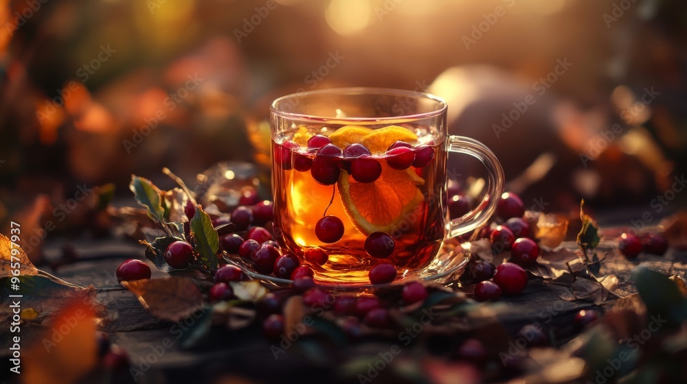 Spiced Cranberry Tea with Floating Cranberries and Orange Zest Surrounded by Autumn Leaves and Berries Spiced Cranberry Tea with Floating Cranberries and Orange Zest Surrounded by Autumn Leaves and Berries