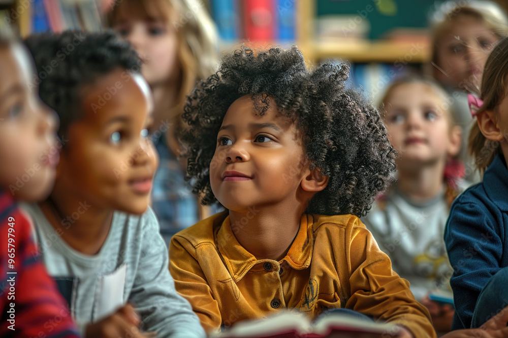 Children gathered around teacher at school for storytime, wide eyes, listening intently to first day’s tale