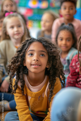 Children gathered around teacher at school for storytime, wide eyes, listening intently to first day’s tale